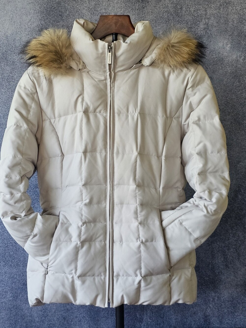 Calvin Klein Duck Down Puffer Jacket XS Ivory Genuine Raccoon Fur Trim EUC